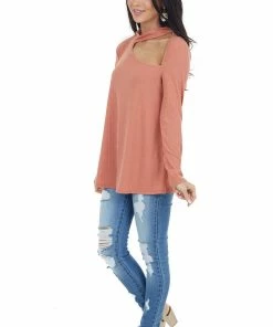 Fantastic Fawn Terracotta Long Sleeve Stretchy Knit Top With Cut Out Detail Tops