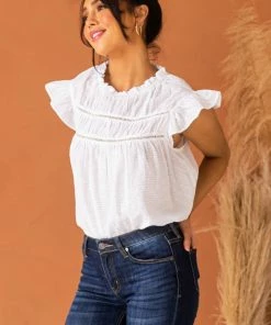 Ces Femme Off White Cap Sleeve Blouse With Lace Yoke