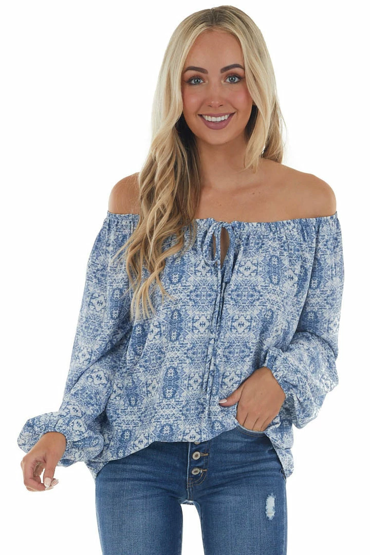 First Love Ocean Blue Printed Off Shoulder Blouse Tops 12 First Love Ocean Blue Printed Off Shoulder Blouse Tops
