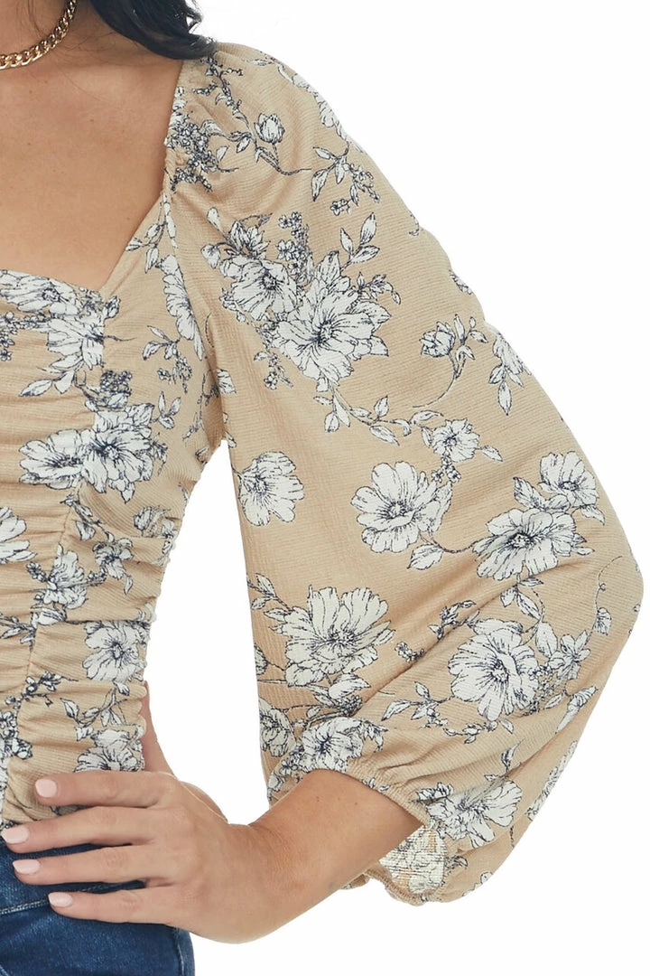 Ces Femme Tops Oatmeal And Ivory Floral Peasant Sleeve Top 6 Ces Femme Tops Oatmeal And Ivory Floral Peasant Sleeve Top