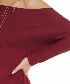 Cherish Wine Off The Shoulder Long Sleeve Semi Fitted Short Dress Dresses