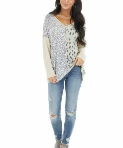 BiBi Tops Sand Waffle Knit Top With Sage Leopard Print Contrast