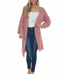 Davi & Dani Punch Pointelle Knit Bubble Sleeve Cardigan Cardigans