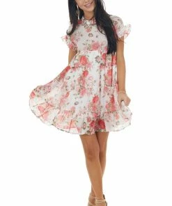 Bighit Fashion Ivory Floral Print Babydoll Short Dress With Short Sleeves Dresses