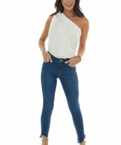 BiBi Ivory One Shoulder Top With Self Tie Strap Tops