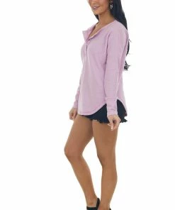 143 Story Orchid Thermal Knit Henley Long Sleeve Top