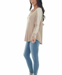 143 Story Tops Latte V Neck Long Sleeve Exposed Seam Knit Top