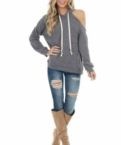 143 Story Heathered Charcoal Fleece Lined Hoodie With Cold Shoulder