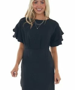 She + Sky Dresses Black Ruffle Sleeve Blouson Sheath Dress 23 She + Sky Dresses Black Ruffle Sleeve Blouson Sheath Dress