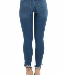 KanCan Dark Wash High Waisted Skinny Jeans With Distressed Hem Bottoms
