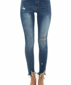 Special A Bottoms Medium Dark Wash Mid Rise Skinny Jeans With Shark Bite Hem
