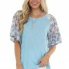 BiBi Azure And Floral Print Sleeve Raglan Top Tops 1 BiBi Azure And Floral Print Sleeve Raglan Top Tops