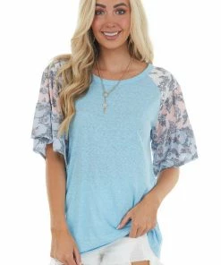 BiBi Azure And Floral Print Sleeve Raglan Top Tops