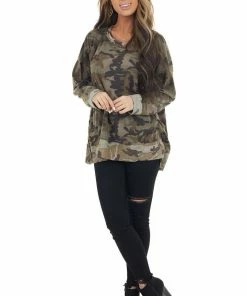 Jodifl Olive Camo Waffle Knit Long Sleeve Top With Side Slits Tops