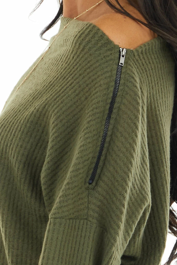 CY Fashion Olive Off Shoulder Waffle Knit Top With Zipper Detail Tops 14 CY Fashion Olive Off Shoulder Waffle Knit Top With Zipper Detail Tops