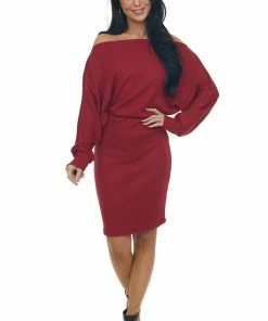 Lime Lush Cherry Ribbed Off Shoulder Dolman Sleeve Dress