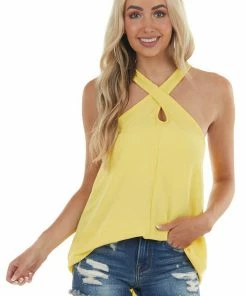 Lime Lush Lemon Criss Cross Halter Neckline Woven Top