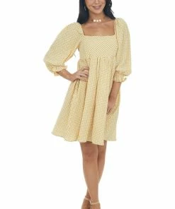 Sweet Lemon Dresses Amber Gingham Babydoll Square Neck Mini Dress 24 Sweet Lemon Dresses Amber Gingham Babydoll Square Neck Mini Dress