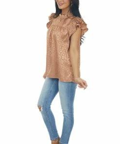 Jodifl Sepia Metallic Leopard Pleated Sleeve Yoke Top Tops