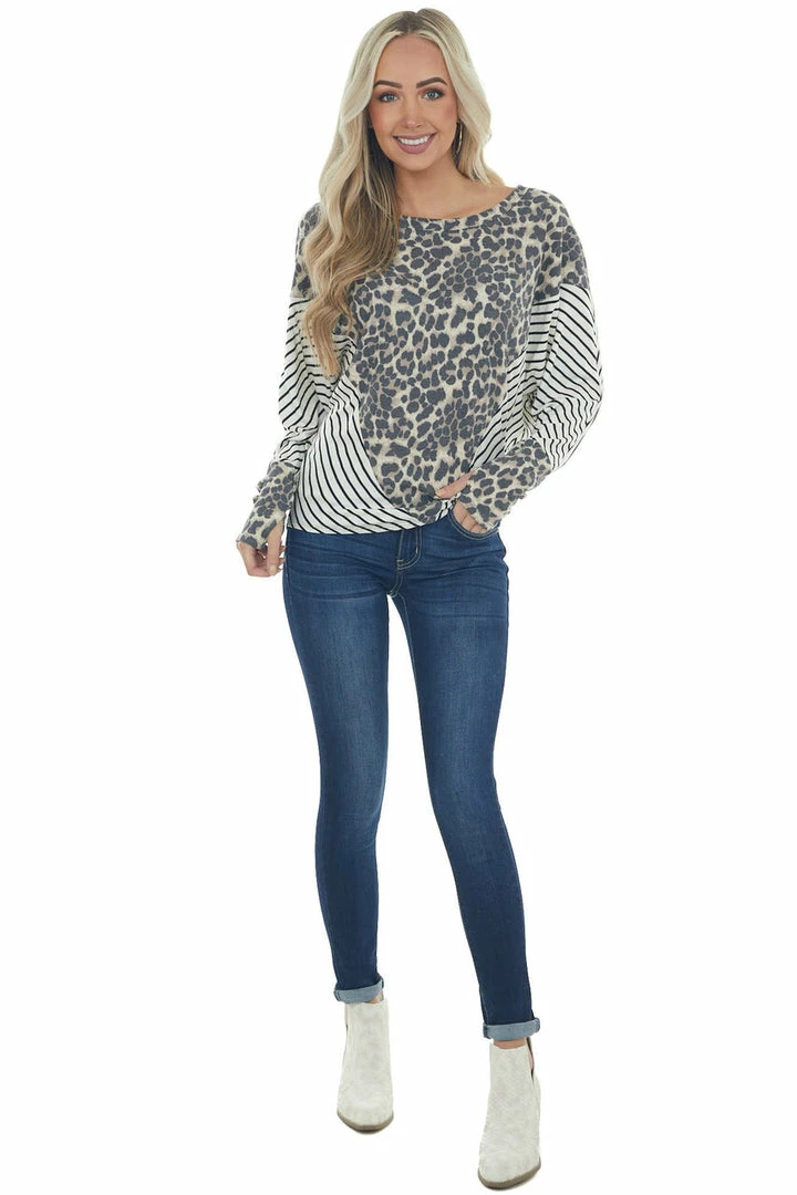 BiBi Ivory Stripe Top With Leopard Thermal Knit Detail 4 BiBi Ivory Stripe Top With Leopard Thermal Knit Detail