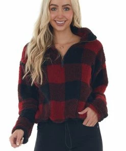 Style Melody Cranberry Buffalo Plaid Sherpa Pullover Jacket Outerwear