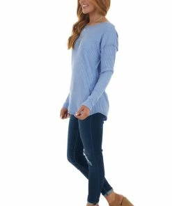 First Love Cornflower Waffle Knit Raw Hem Long Sleeve Top Tops