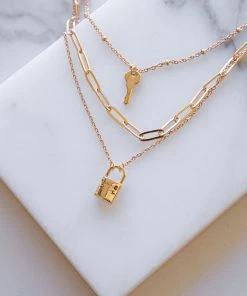 Fame Accessories Gold Layered Chain Necklace With Lock And Key Charms