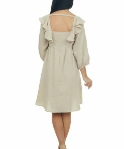 Umgee Dresses Latte 3/4 Bubble Sleeve Smocked Gauze Dress