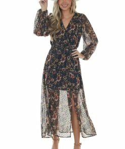 Peach Love Mustard Floral Swiss Dot V Neck Maxi Dress Dresses 30 Peach Love Mustard Floral Swiss Dot V Neck Maxi Dress Dresses