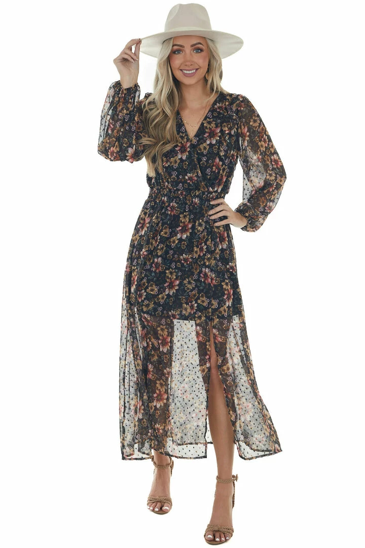 Peach Love Mustard Floral Swiss Dot V Neck Maxi Dress Dresses 15 Peach Love Mustard Floral Swiss Dot V Neck Maxi Dress Dresses