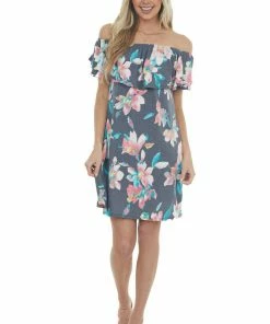 Sweet Lovely Dresses Navy Floral Off Shoulder Overlay Mini Dress