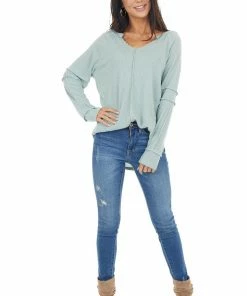 143 Story Tops Seafoam Waffle Knit Notch Neck Top With Reverse Seam Details