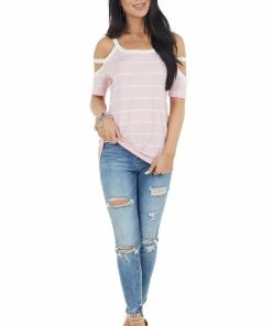 7th Ray Baby Pink And Ivory Striped Strappy Cold Shoulder Top Tops
