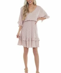 Ces Femme Dusty Blush Ditsy Floral Tiered Ruffled Short Dress Dresses