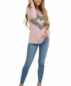 American Chic Dusty Blush Long Sleeve Top With Sequin And Camo Details