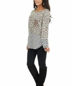 HEIMISH Cream Leopard Print Long Sleeve Top With Stripe Contrast Tops