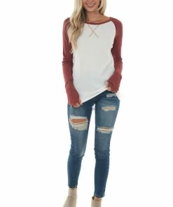 Lovely Melody Brick And Ivory Long Sleeve Top With X Stitch Detail Tops 12 Lovely Melody Brick And Ivory Long Sleeve Top With X Stitch Detail Tops