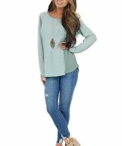 BiBi Tops Sage Long Sleeve Waffle Knit Top With Contrast Detail