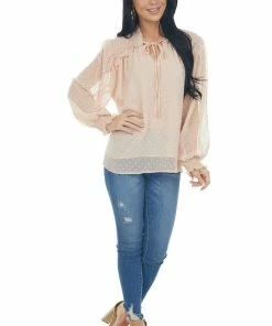 Ces Femme Tops Peach Swiss Dot Smocked Peasant Style Blouse