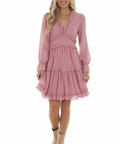 BiBi Dark Blush Sheer Sleeve Frill Tiered Dress Dresses