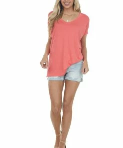 ANGIE Coral Oversized V Neck Short Sleeve Top
