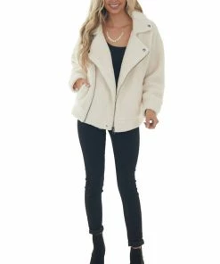 BaeVely Cream Faux Fur Long Sleeve Zip Up Moto Jacket Outerwear