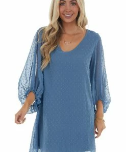 Eesome Dresses Ocean Long Bubble Sleeve Swiss Dot Short Dress