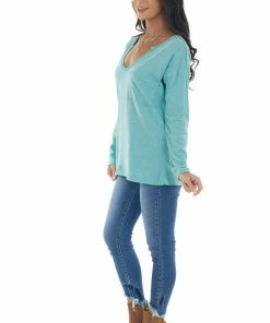 BiBi Tops Heathered Teal Notch Neck Chest Pocket Top