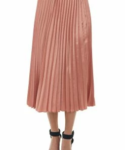 Umgee Coral Metallic Pleated Elastic Midi Skirt Bottoms
