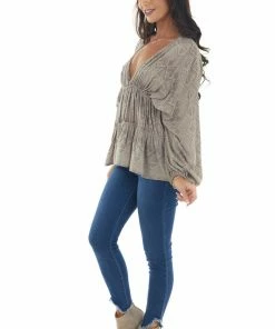 BucketList Taupe Tribal Print Babydoll Bubble Sleeve Top