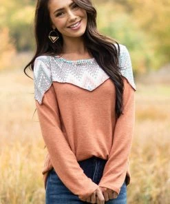 Lovely Melody Sandstone Brushed Knit Top With Printed Yoke