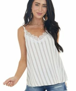 J.NNA Ivory Striped Woven Camisole With Lace Trimmed V Neckline Tops 26 J.NNA Ivory Striped Woven Camisole With Lace Trimmed V Neckline Tops