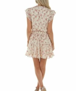 Entro Cream Floral Print V Neck Tiered Short Dress Dresses