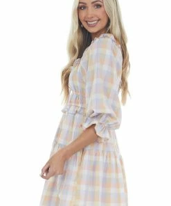 Entro Peach And Lavender Gingham Tiered Short Dress